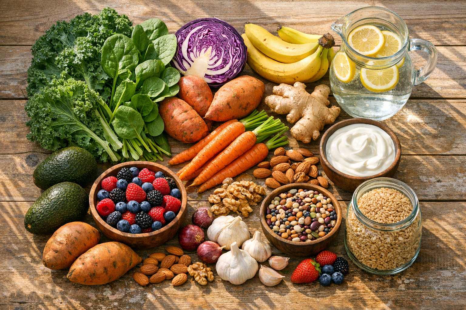 A bright, naturally lit kitchen countertop photographed from above showcasing a balanced arrangement of fresh, colorful whole foods known for digestive health - vibrant leafy greens like kale and spinach, deep purple cabbage, golden sweet potatoes, bright orange carrots, fresh ginger root, ripe avocados, a wooden bowl filled with mixed berries, clusters of bananas, a ceramic dish with live-culture yogurt, scattered almonds and walnuts, whole grain brown rice in a glass jar, dried legumes, fresh garlic bulbs, and a clear glass pitcher of water with lemon slices, all artfully composed on a rustic wooden surface with soft morning sunlight streaming through a nearby window creating gentle shadows and highlighting the natural textures and rich colors of the nourishing ingredients