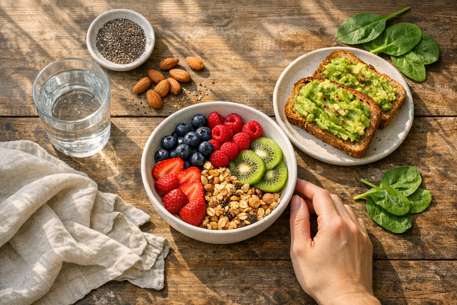 A serene overhead flat lay photograph of a peaceful breakfast scene bathed in soft morning sunlight streaming through a nearby window. The composition features a rustic wooden table with a simple white ceramic bowl filled with fresh colorful berries, sliced kiwi, and granola. Beside it sits a clear glass of water with a gentle condensation, a small plate with whole grain toast topped with mashed avocado, and scattered around are raw almonds, chia seeds, and fresh leafy greens. A person's relaxed hand rests gently near the bowl, suggesting a mindful, unhurried approach to eating. The natural lighting creates soft shadows and highlights the vibrant colors of the wholesome foods. The scene conveys tranquility and intentional eating, with linen napkin casually draped and everything arranged in an effortless, authentic manner typical of wellness-focused Instagram photography.
