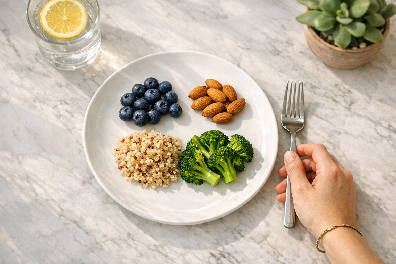 A bright, naturally lit kitchen counter photographed from above showing a clean white ceramic plate with carefully portioned small servings of colorful fiber-rich foods - a small handful of fresh blueberries, a few raw almonds, a quarter cup of cooked quinoa, and a small portion of steamed broccoli florets arranged in an aesthetically pleasing, minimalist composition. Soft morning sunlight streams through a nearby window, casting gentle shadows and creating an authentic, casual Instagram food photography aesthetic. A hand wearing a simple bracelet reaches into the frame, about to pick up a fork placed beside the plate. The background shows a marble countertop with subtle veining, a glass of water with lemon, and the soft blur of a potted succulent plant, creating depth and that signature lifestyle blogger feel with warm, inviting tones and natural color palette emphasizing fresh, wholesome eating habits.