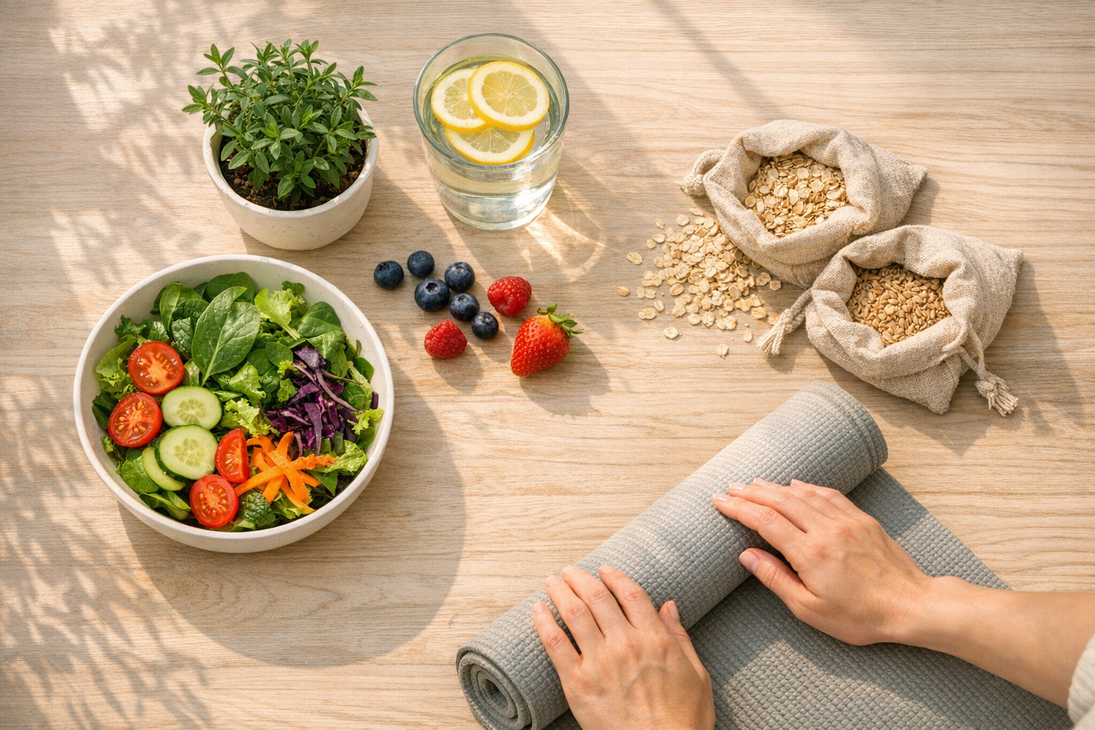 A serene overhead flat lay photograph of fresh wellness elements on a light wooden table bathed in soft morning sunlight - a white ceramic bowl filled with vibrant leafy greens and colorful vegetables, a clear glass of water with lemon slices, a small potted herb plant, scattered fresh berries, whole grain ingredients in natural linen pouches, and a person's hands gently arranging a yoga mat in the corner, all composed in a minimalist lifestyle aesthetic with gentle shadows and natural window light creating an authentic, peaceful morning routine atmosphere