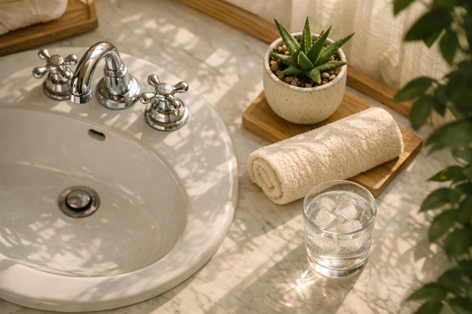 A serene overhead shot of a peaceful morning bathroom counter scene bathed in soft natural window light, featuring a simple white porcelain sink with chrome fixtures, a small potted aloe vera plant in a ceramic pot, a rolled cream-colored hand towel, and a clear glass of water with ice cubes catching the morning sunlight. The composition includes natural wooden elements and green leafy houseplants in the background, creating a calm wellness atmosphere with gentle shadows cast across clean white marble surfaces. The styling is minimal and organic, shot from above in that authentic lifestyle photography aesthetic with shallow depth of field and warm golden hour tones filtering through sheer curtains.