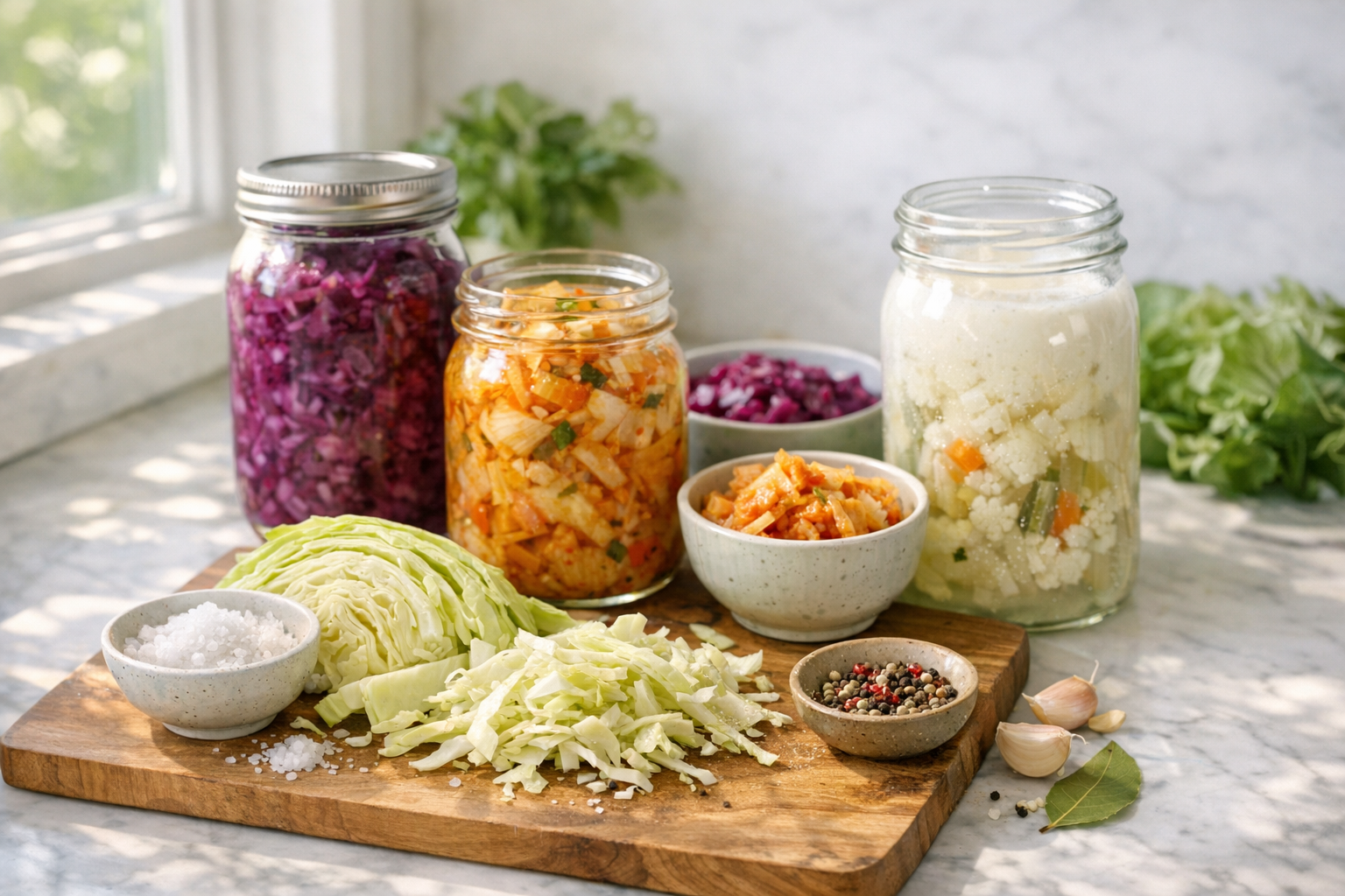A bright, naturally lit kitchen countertop scene featuring an array of colorful fermented foods in clear glass mason jars and ceramic bowls - vibrant purple sauerkraut, golden kimchi, creamy kefir, and pale fermented vegetables with visible bubbles along the glass edges. In the foreground, a wooden cutting board displays fresh cabbage leaves partially shredded, surrounded by small bowls of sea salt and spices. Soft morning sunlight streams through a nearby window, creating gentle shadows and highlighting the rich textures and natural colors of the probiotic-rich foods. The composition has an organic, minimalist aesthetic with white marble surfaces, natural wood elements, and green leafy vegetables artfully arranged. Shot from a 45-degree angle with shallow depth of field, giving it an authentic food photography style perfect for wellness-focused social media content.