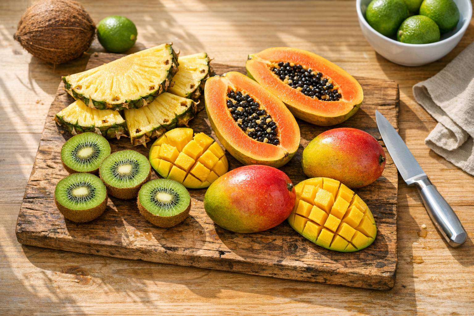 A bright, naturally lit kitchen countertop scene featuring a vibrant array of fresh tropical fruits artfully arranged on a rustic wooden cutting board - ripe pineapple slices with their golden flesh exposed, halved papayas revealing their orange interior and black seeds, fresh kiwi fruits cut in half showing their bright green flesh, and whole mangoes with their colorful red and yellow skin. Morning sunlight streams through a nearby window, casting soft shadows and highlighting the juicy, glistening texture of the cut fruits. A few scattered whole fruits and a clean kitchen knife rest nearby on the natural wood surface. The composition has that casual, authentic overhead shot style popular on wellness and health Instagram accounts, with a shallow depth of field that keeps the focus on the enzyme-rich tropical fruits while the background softly blurs into a clean, minimalist kitchen setting.
