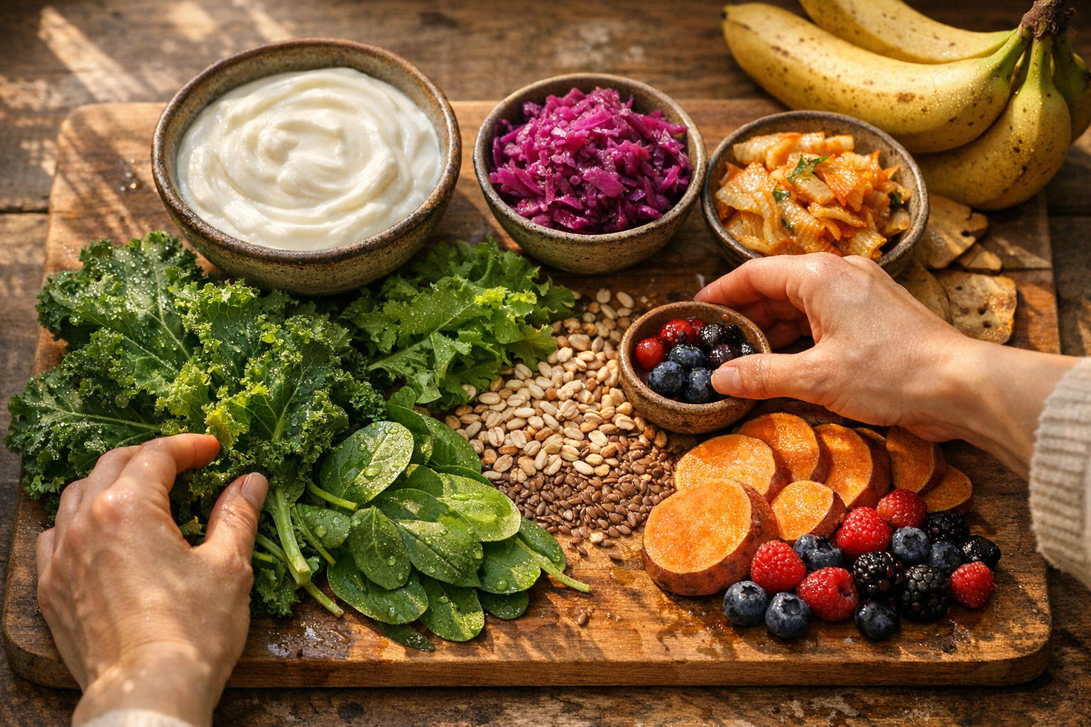 A close-up overhead shot of a wooden cutting board displaying a vibrant array of fresh probiotic and fiber-rich foods arranged in an organic, balanced composition - creamy natural yogurt in a ceramic bowl, colorful fermented vegetables including bright purple sauerkraut and golden kimchi, fresh leafy greens like kale and spinach, whole grains scattered artistically, ripe bananas, bright orange sweet potatoes, and glistening berries. Soft natural morning light streams through a nearby window, casting gentle shadows across the rustic kitchen counter. A person's hands are gently arranging the ingredients, showing only their fingers and part of their forearms. The scene has that authentic, unfiltered Instagram aesthetic with warm tones, shallow depth of field, and a cozy, wellness-focused lifestyle vibe. Small water droplets glisten on the fresh produce, and the overall composition suggests harmony and natural balance through food.
