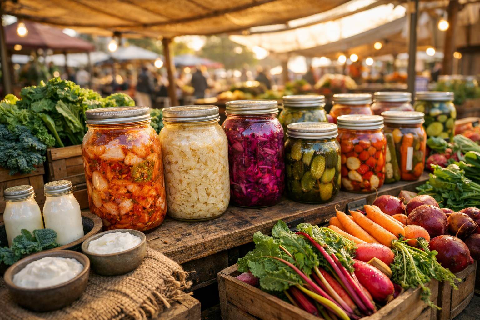 A wide shot of a sunlit farmers market stall overflowing with fermented and probiotic-rich foods — large glass jars of kimchi, sauerkraut, and pickled vegetables lined up in rows, alongside containers of kefir and yogurt, wooden crates of leafy greens and fiber-rich vegetables spilling across weathered tables. The stall stretches across the frame, bathed in warm morning light filtering through a canvas canopy, with the surrounding market environment visible in the background — blurred figures browsing neighboring stalls, aged brick buildings lining the street, and dappled shadows stretching across the cobblestone ground. The scene conveys abundance, recovery, and deliberate nourishment, the sheer variety and volume of whole foods creating a sense of purposeful dietary rebuilding spread across the entire environment.