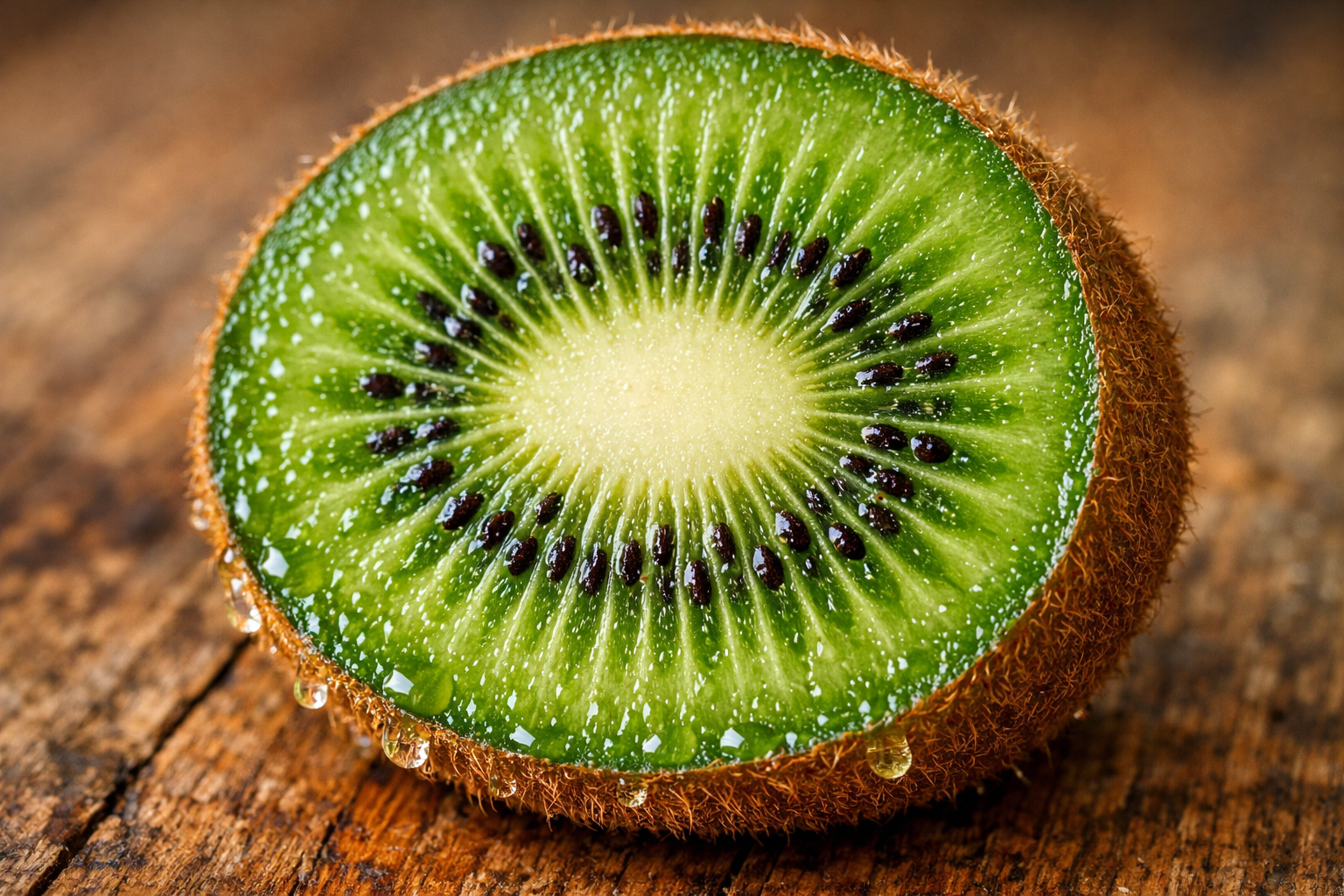 A macro close-up photograph of a cross-section of a ripe, freshly cut kiwi fruit resting on a rough wooden surface, the vivid emerald green flesh radiating outward from a pale cream center, tiny black seeds embedded in the translucent pulp catching soft natural window light, the fibrous texture of the fruit's interior rendered in extraordinary detail, droplets of juice glistening along the cut edge, the fuzzy brown skin visible at the border of the frame, shot with a shallow depth of field that blurs the wooden grain beneath into warm amber tones.
