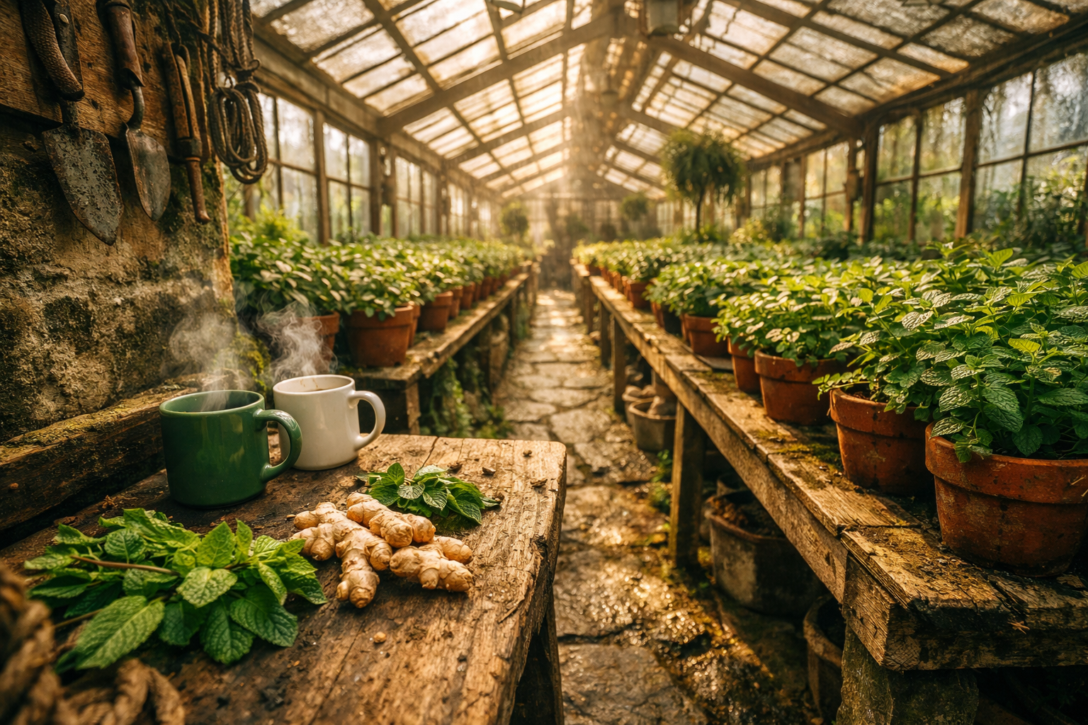 A wide environmental shot inside a rustic herb greenhouse or botanical garden conservatory, shot from a low, pulled-back angle showing long wooden growing tables stretching into the distance, densely planted with lush green peppermint and ginger plants in terracotta pots and raised beds. Warm afternoon sunlight filters through the glass ceiling panels, casting soft golden streaks across the humid, misty interior. Two steaming ceramic mugs sit small and incidental on a weathered potting bench in the mid-ground, surrounded by freshly harvested mint sprigs and knobby ginger roots scattered casually across the wood. The wide frame captures the full scale of the growing space — hanging tools, mossy stone floors, condensation on the glass walls — giving the entire scene a lush, living, aromatic atmosphere. Natural available light, authentic documentary-style photography, no text visible anywhere.