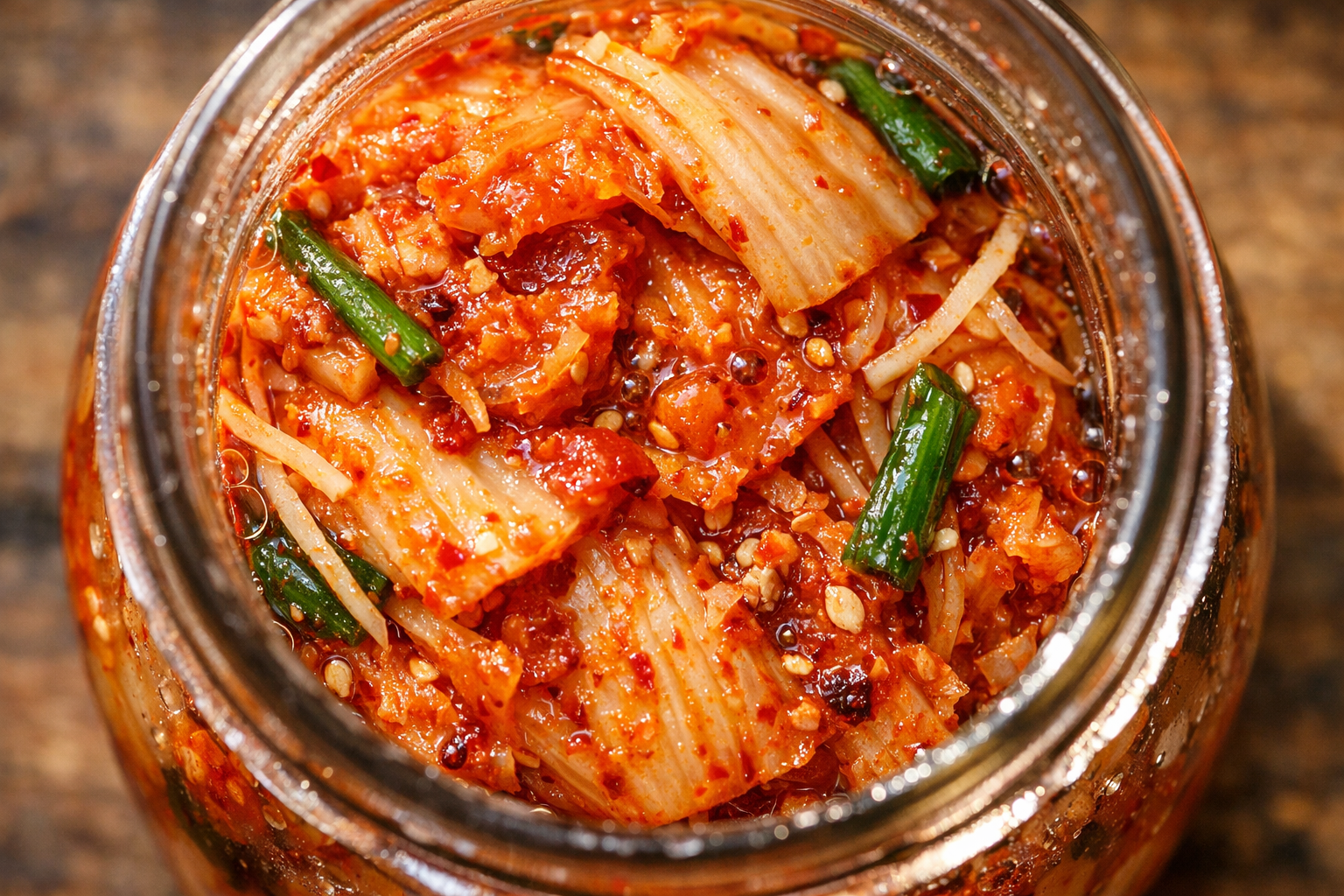A extreme close-up photograph of freshly made kimchi packed tightly into a glass jar, shot from directly above with natural daylight streaming across the surface, revealing the glistening, textured layers of bright orange-red napa cabbage coated in gochugaru paste, visible strands of green onion and shredded radish pressed against the glass, tiny air bubbles clinging to the fermented vegetables indicating active live cultures, the glossy wet surface catching the light with deep crimson and amber tones, condensation on the inside of the jar adding depth, macro detail sharp enough to see individual chili flakes and sesame seeds embedded in the paste, shot on a worn wooden surface with a shallow depth of field.