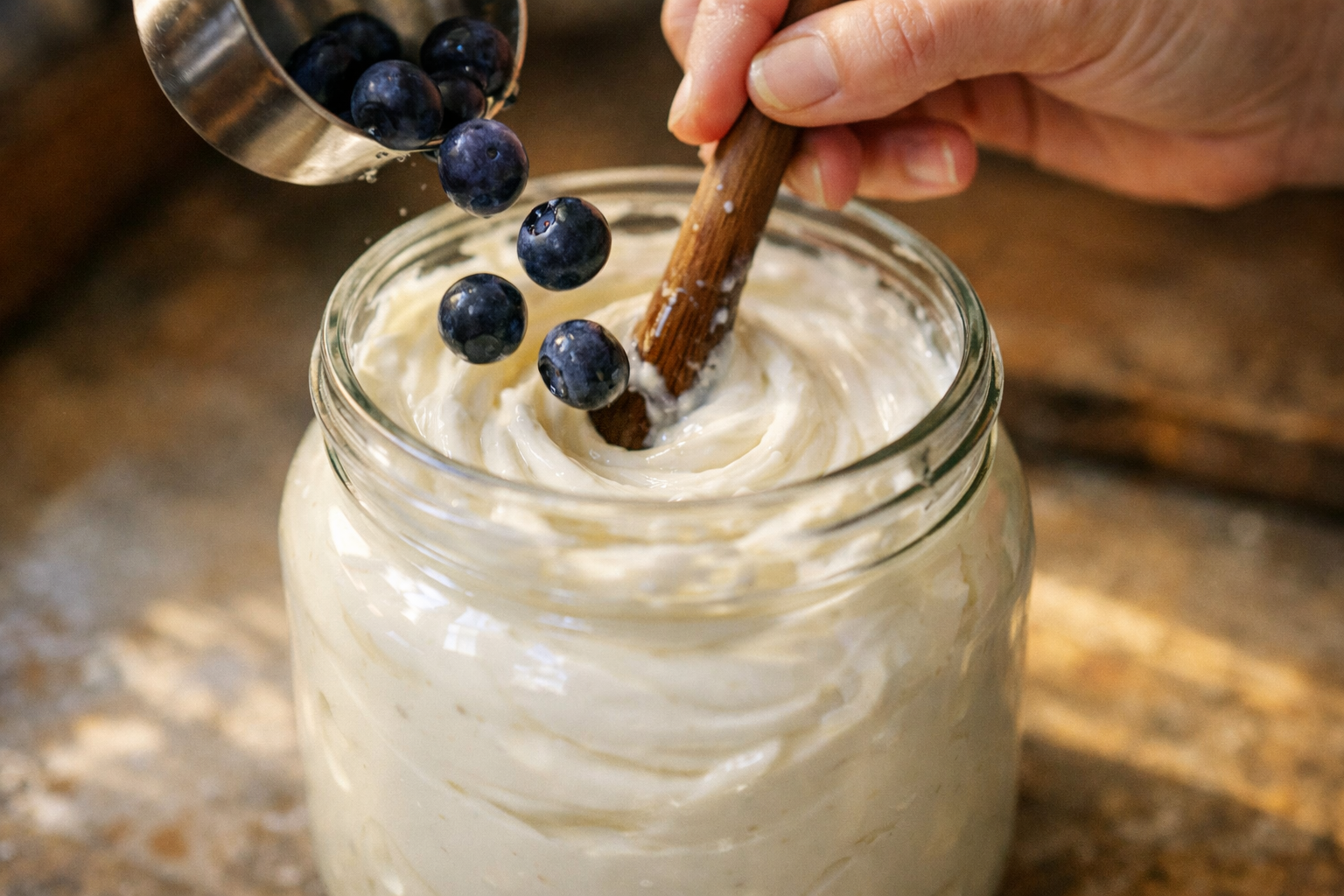 A home cook's hands caught mid-motion, vigorously stirring a wooden spoon through a large glass jar of homemade yogurt culture on a worn kitchen counter, the thick white mixture swirling with visible motion blur, a small cluster of fresh blueberries tumbling from a measuring cup into the jar mid-fall, natural afternoon window light casting soft shadows across the textured ceramic surface beneath, shot at close range with shallow depth of field emphasizing the dynamic swirl of the probiotic-rich yogurt in motion.