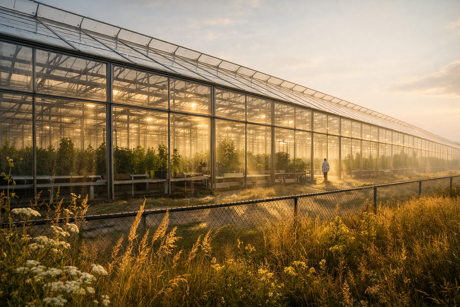 A wide environmental shot of a vast sunlit research greenhouse facility stretching across a rural landscape, rows upon rows of controlled growing chambers extending toward the horizon under an enormous glass roof, natural afternoon light filtering through condensation-fogged panels and casting long golden rays across the interior walkways, a lone lab-coated technician visible only as a small silhouette far in the distance among towering plant specimens, the sheer scale of the facility dwarfing the human figure and conveying the immense complexity of biological systems being studied, wild meadow grasses visible beyond the perimeter fence where the cultivated environment meets untamed nature, shot with a wide-angle lens from a low vantage point outside the facility, authentic documentary photography style with natural haze and atmospheric depth.