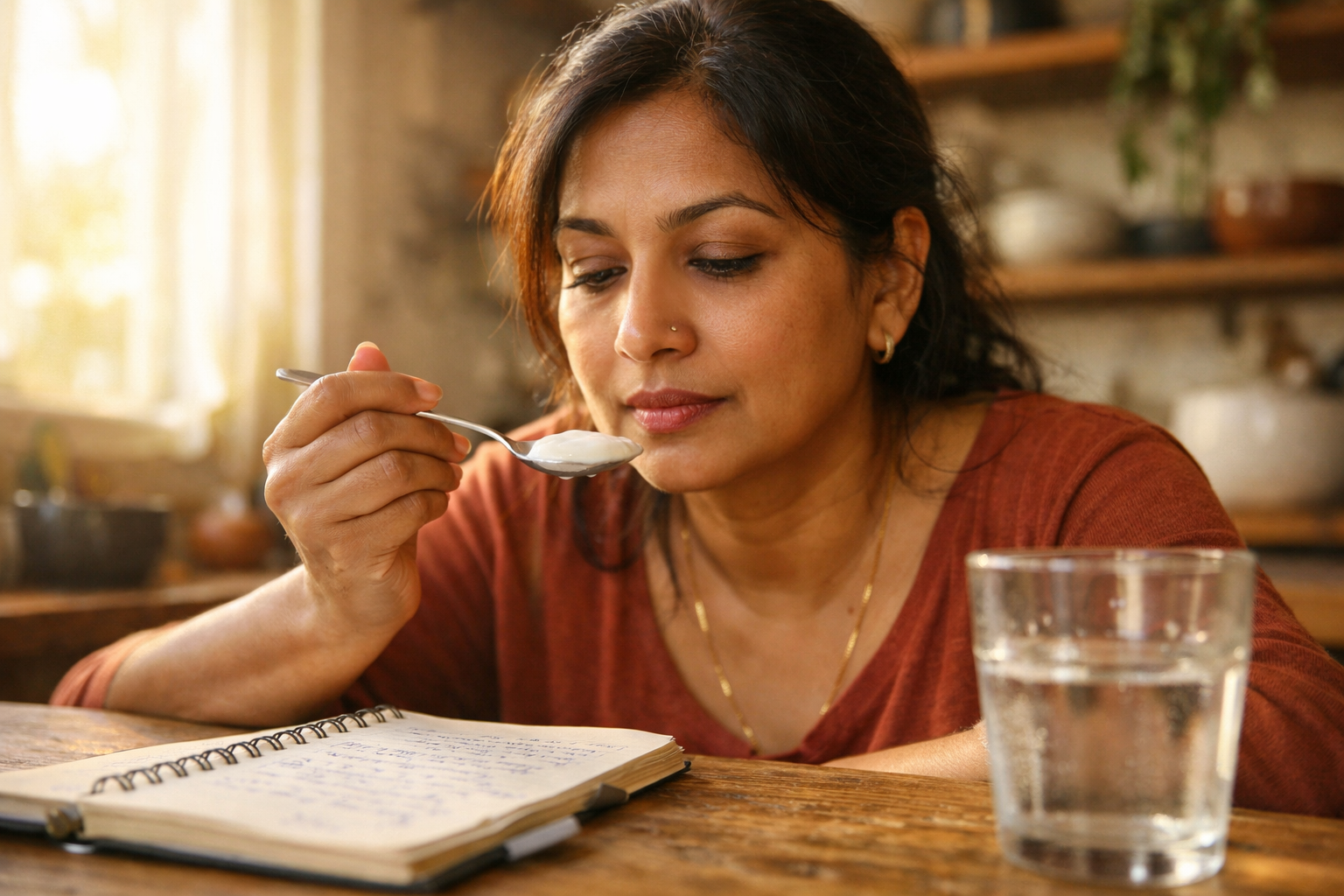 A candid close-up photograph of a middle-aged South Asian woman sitting at a kitchen table, caught mid-moment as she pauses with a spoonful of plain yogurt halfway to her mouth, her eyes slightly downcast and thoughtful, as if something has just clicked in her mind — a quiet eureka expression, not dramatic, just a subtle softening of her brow and a slight parting of her lips. Natural morning light streams in from a window to her left, casting warm shadows across the wooden table scattered with an open notebook and a half-drunk glass of water. Shot from a slightly low angle at table level with a shallow depth of field, the background kitchen shelves softly blurred. The moment feels entirely unposed, like a journalist quietly captured her thinking through a new idea about her own health.
