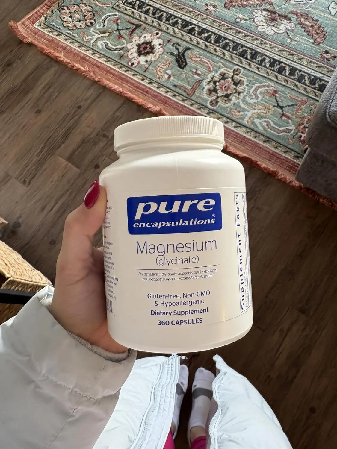 Customer photo showing magnesium supplement bottle with dosage instructions and ingredient label visible
