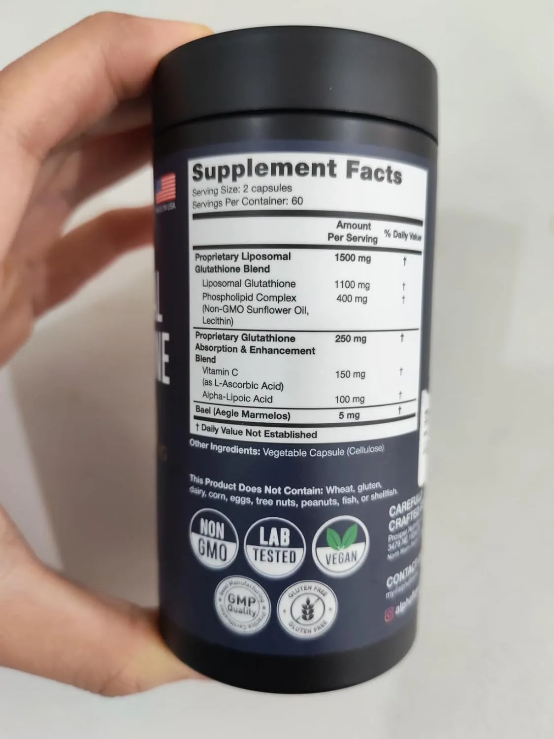 Customer photo of NAC, Glutathione, and Alpha-Lipoic Acid supplement bottle with label visible