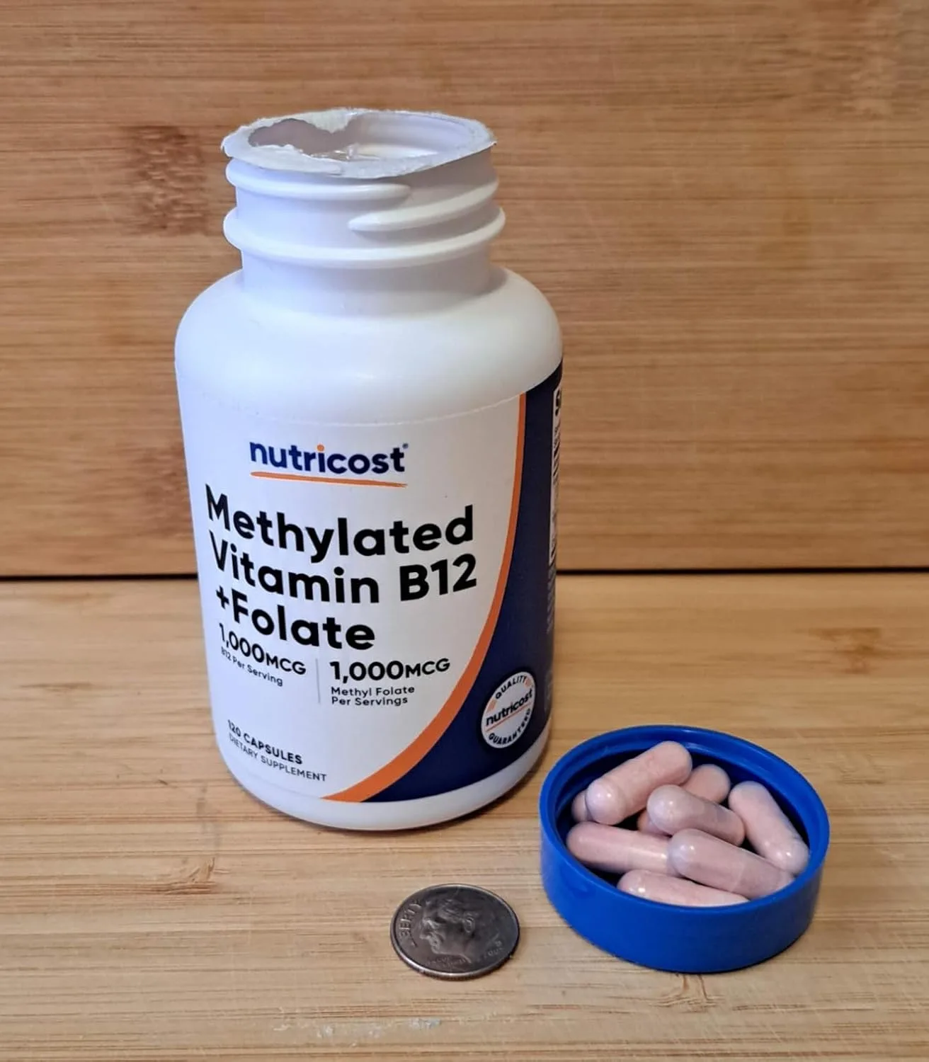 Customer photo of methylated B12 and methylfolate supplement bottle with label visible