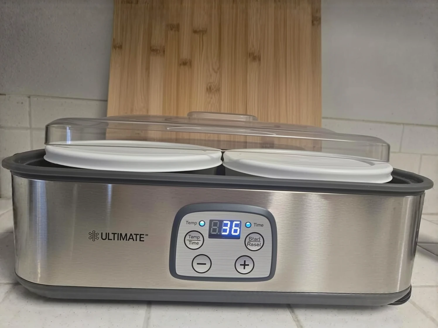Customer photo of yogurt maker filled with fresh homemade yogurt jars ready for fermentation